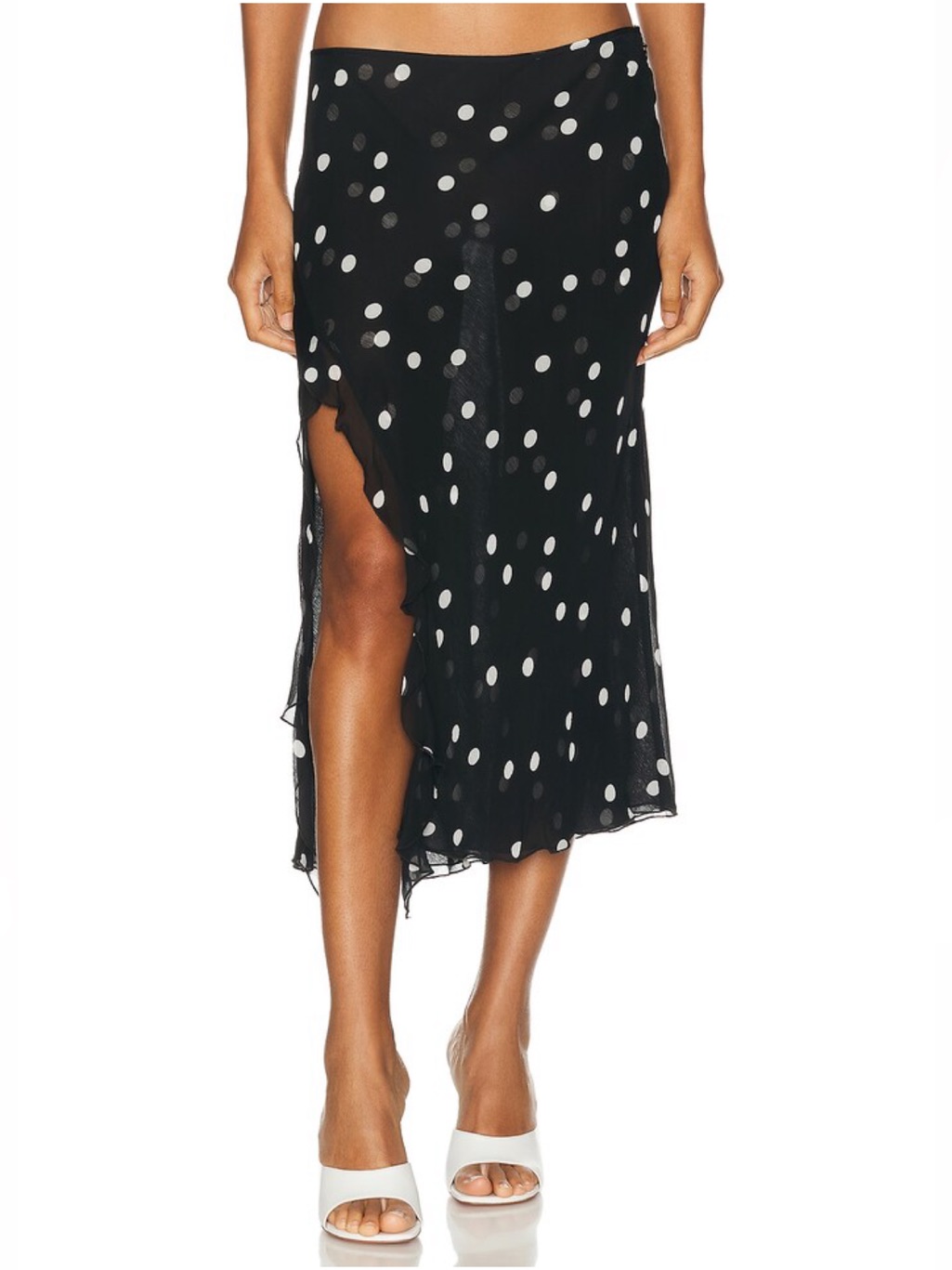 Priscavera Ruffled High Slit Skirt In Black And White Polka Dot